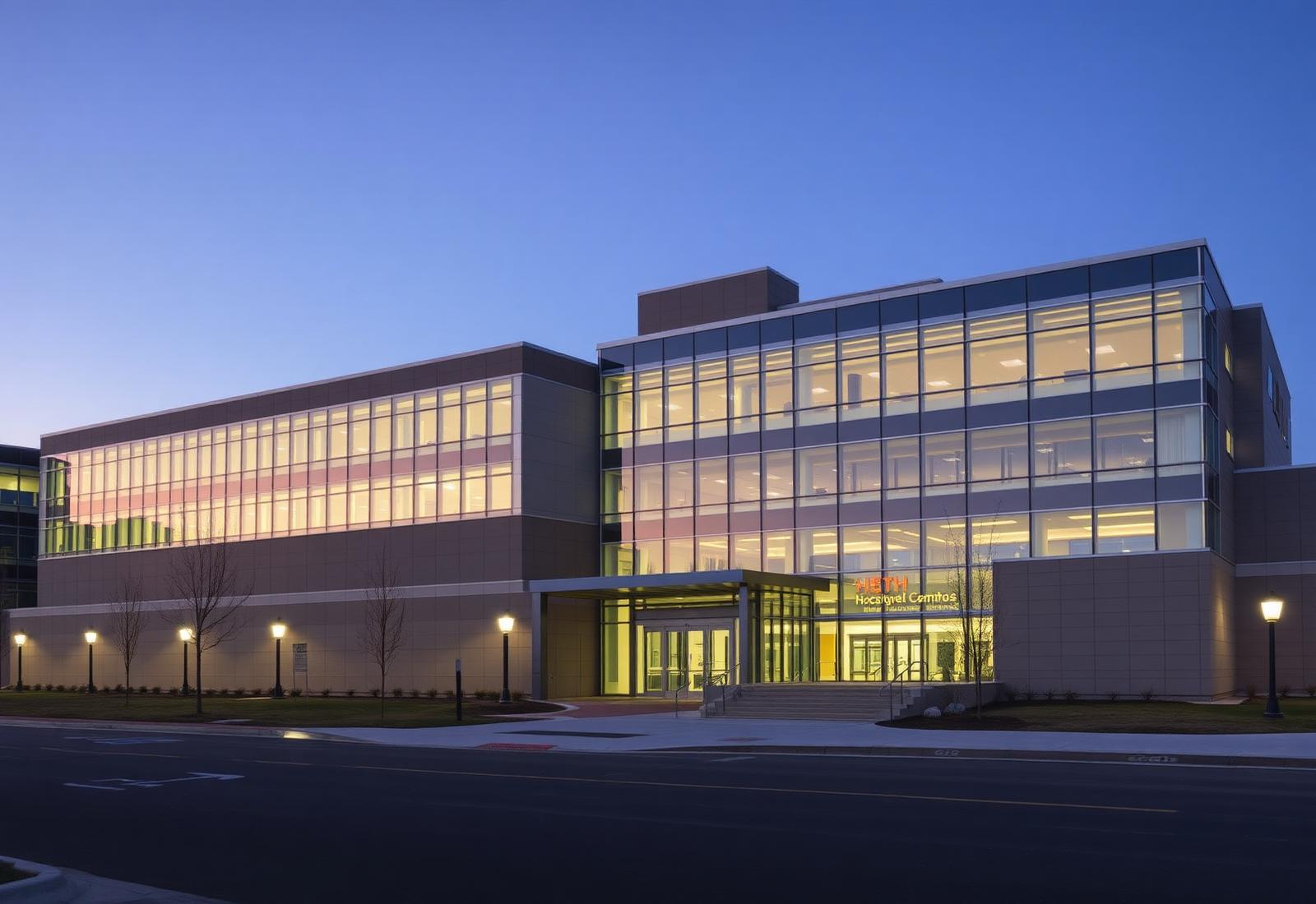 Healthcare campus at dusk